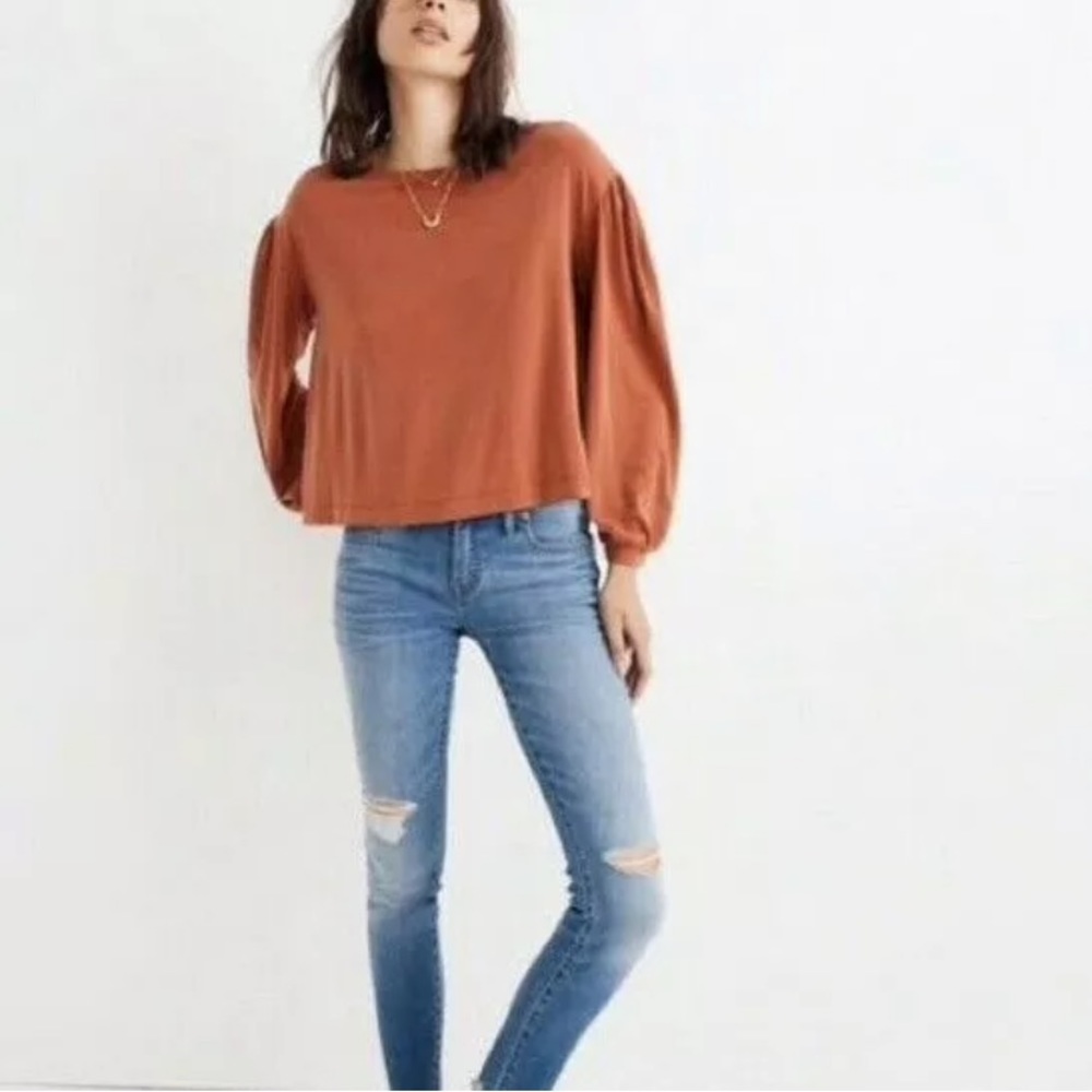 Madewell sand washed gathered sleeve rust top